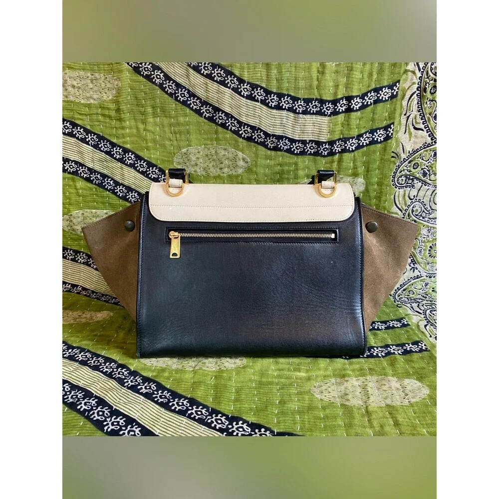 Celine 2014 Tricolor Trapeze Ivory/ Khaki/ Black Drummed Leather Satchel Luxury